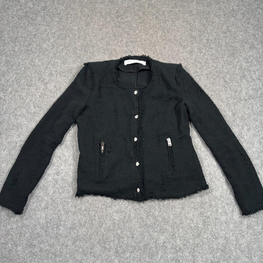 IRO Black Tweed Fringed Rhinestone Button Down Blazer Jacket Women's Size 00P